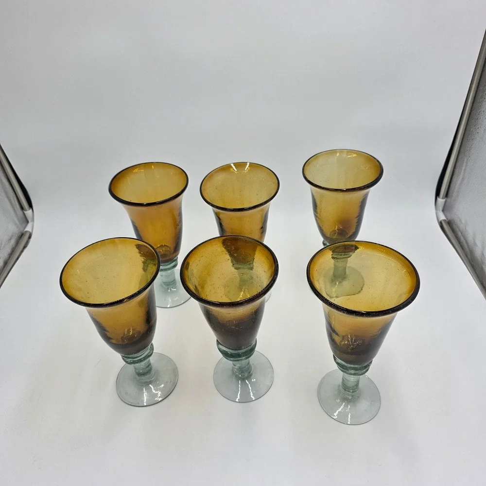 Set of 6 Amber Blown Glass Wine Goblets Aqua Blue Stem Bubbles Hand Blown‎ 8
